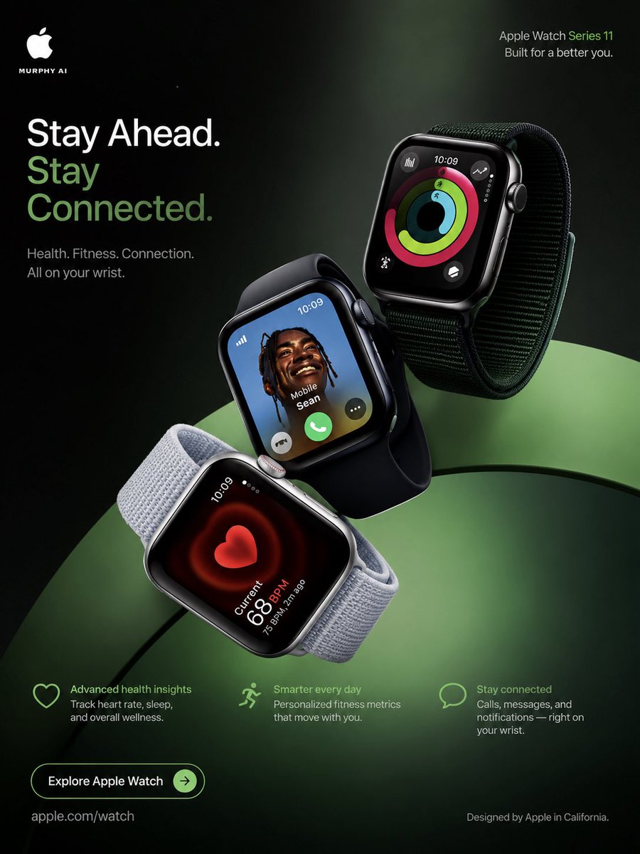 Poster-style ad showing three floating smartwatches on a dark green-black background with marketing text.