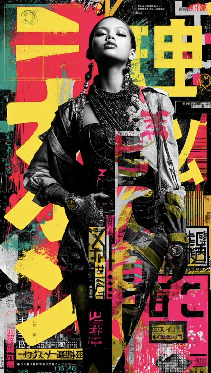 A fashion model stands against a bright layered graffiti collage in black, pink, and yellow.
