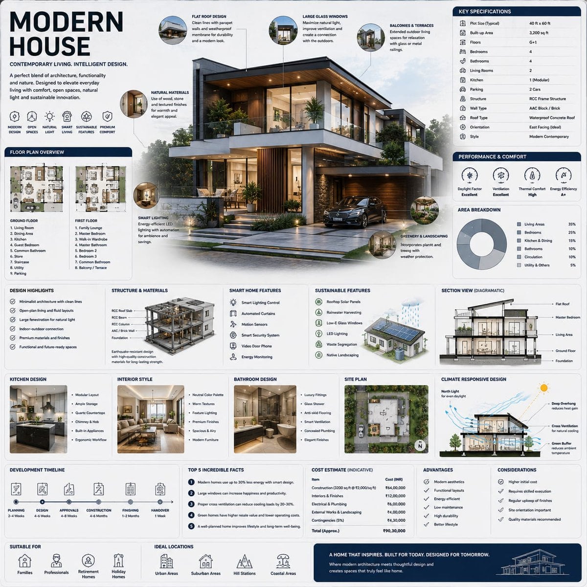 Square infographic showing a modern house render surrounded by floor plans, specs, and diagrams.