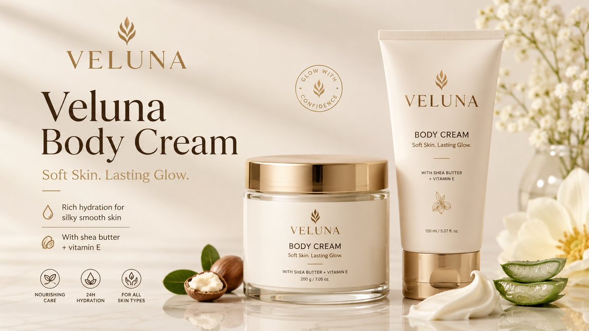 A luxury body cream jar and tube sit on a reflective surface with aloe and soft flowers.