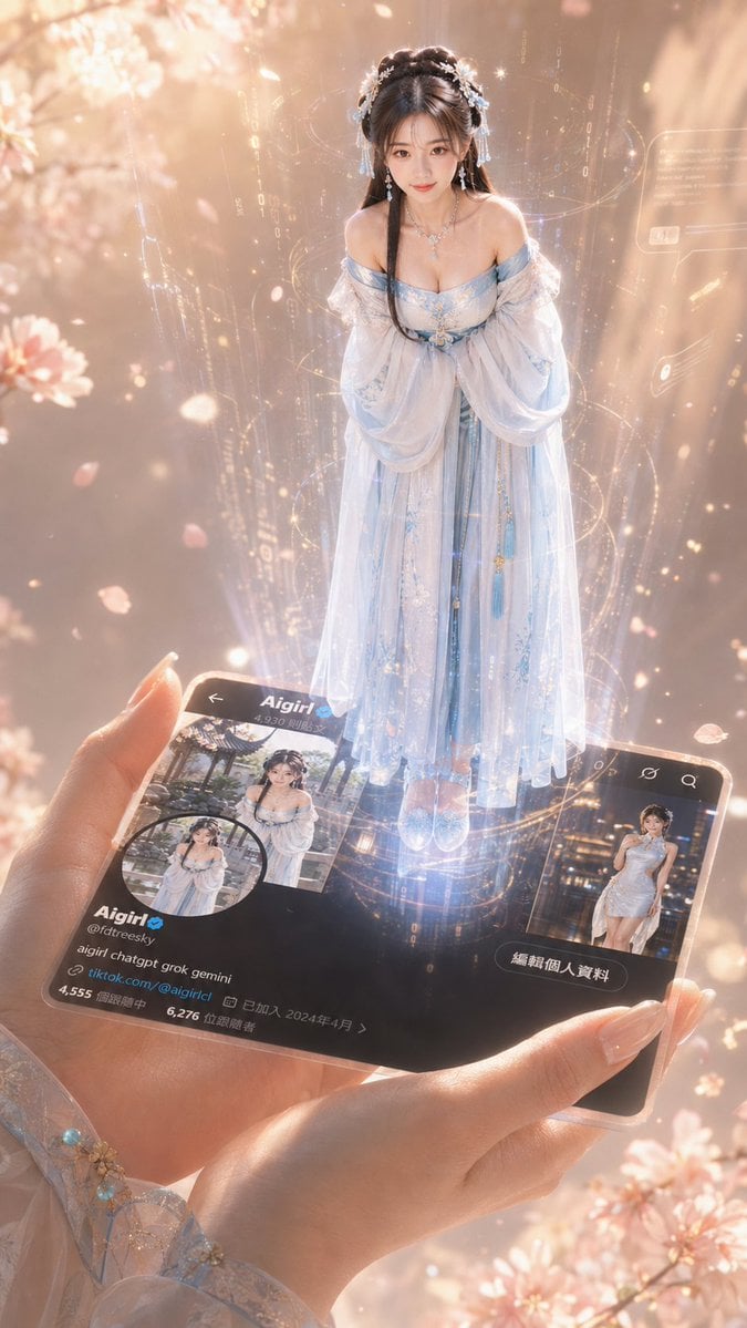 A hand holds a profile card while a full-body holographic girl floats above it.