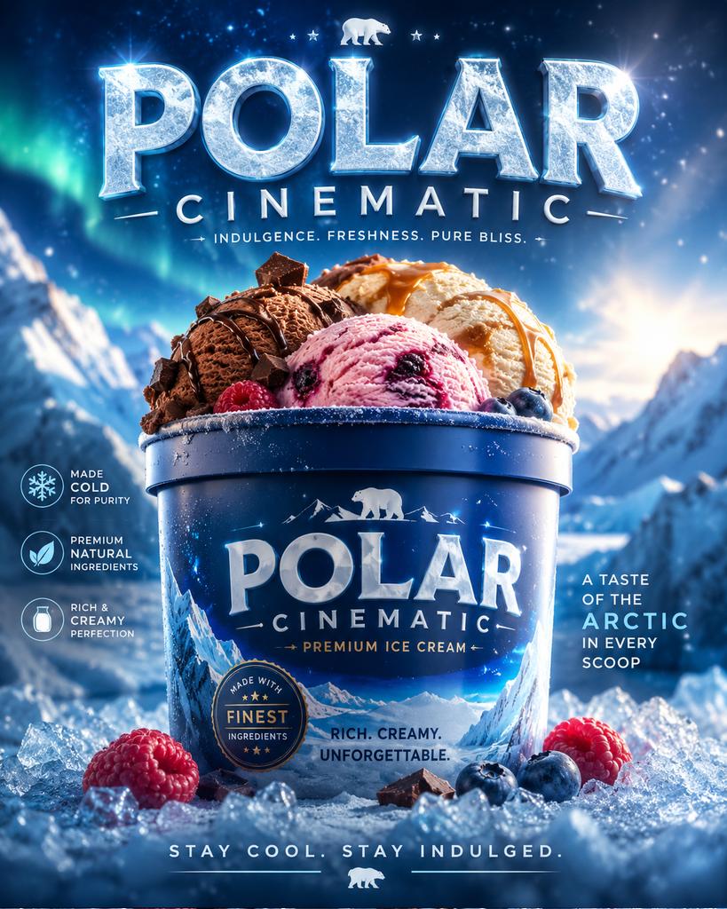 A polar-themed ice cream tub with colorful scoops, berries, and icy mountain scenery.