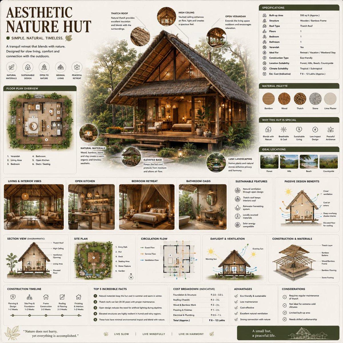 Architectural infographic of a thatched nature hut with labeled sections and floor-plan panels.