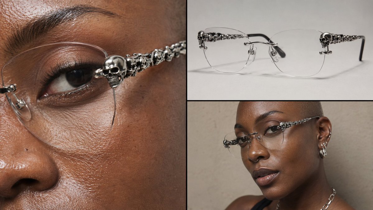 Three-panel collage showing skull-detail eyeglasses, a product shot, and a bald woman wearing them.