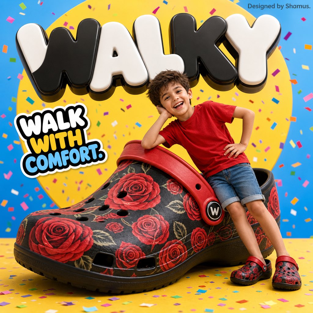 A smiling boy leans on a giant rose-print clog shoe under colorful confetti.