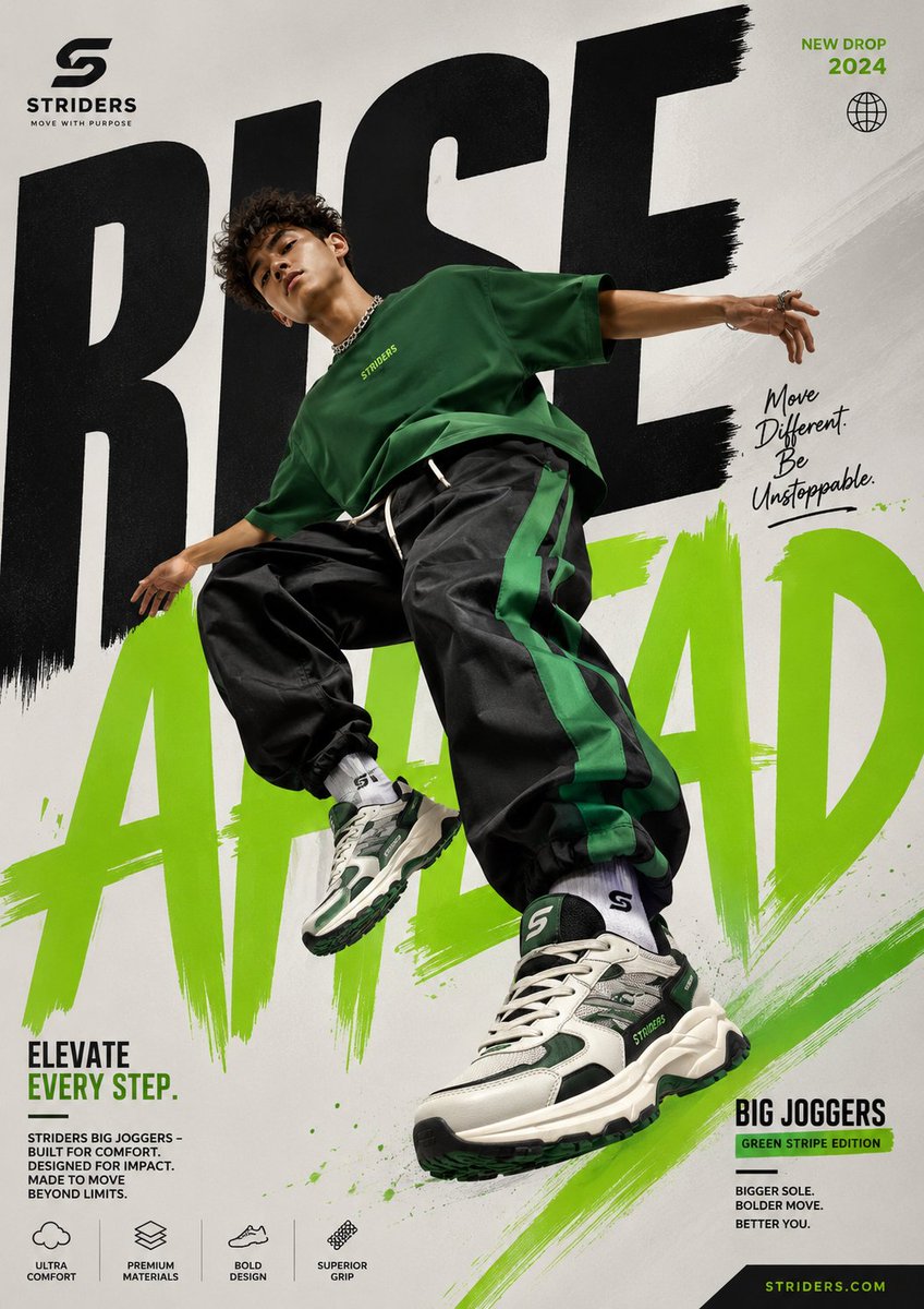 A fashion poster shows a model jumping in oversized black pants and green-accented sneakers.