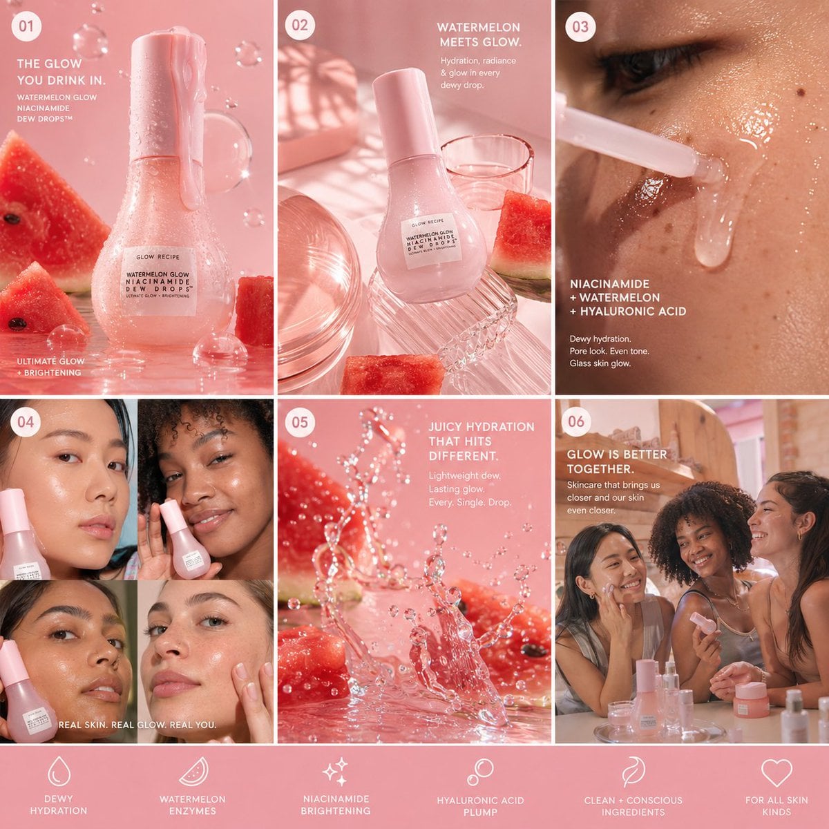 A pink six-panel skincare campaign shows a Dew Drops bottle, watermelon slices, serum splash, and women with glowing skin.