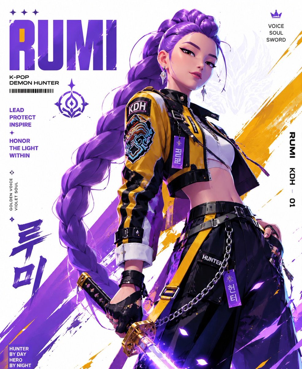 Anime-style poster of Rumi with long purple braid, yellow jacket, and sword on a white graphic background.