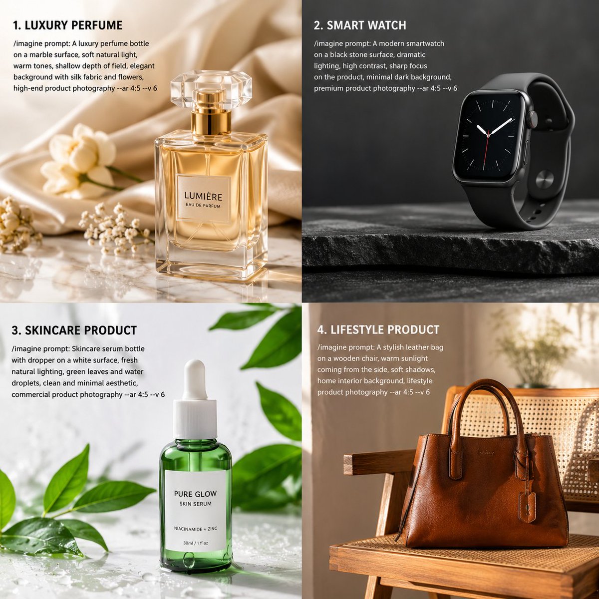 Four product mockups showing perfume, smartwatch, serum, and leather bag photography concepts.