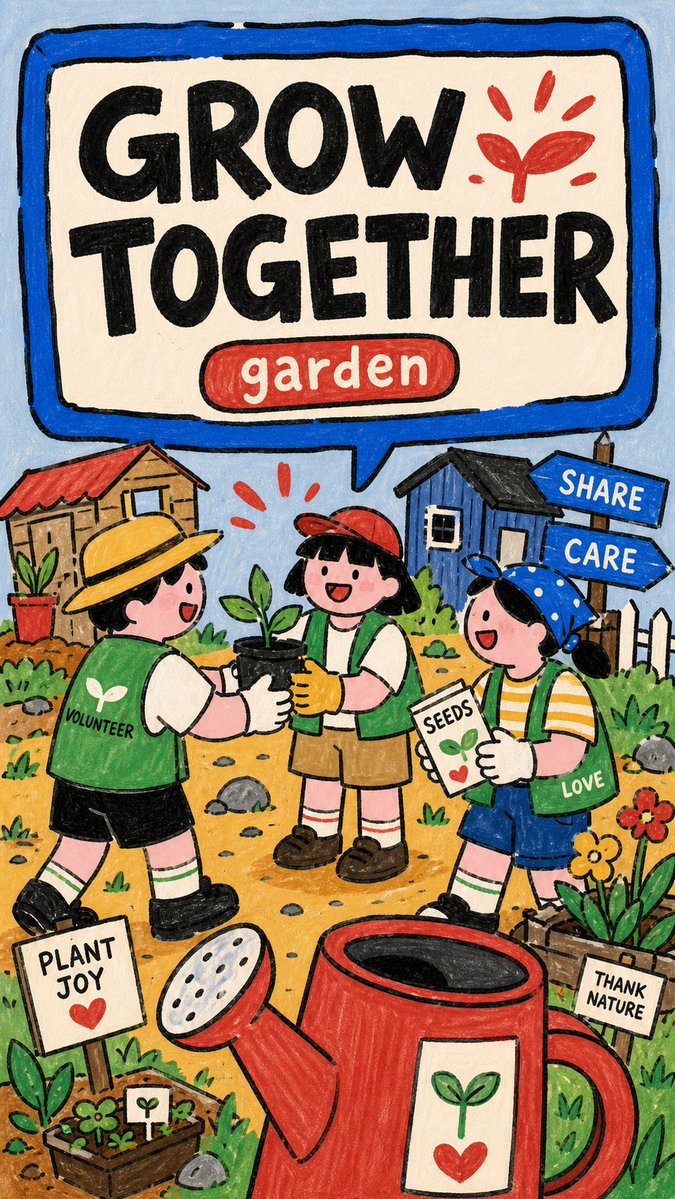 Hand-drawn garden poster with volunteers, seedlings, and a large speech-bubble headline.