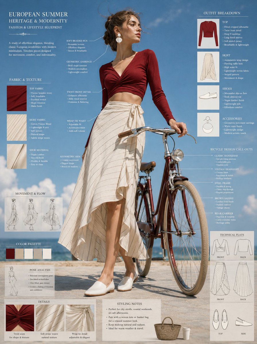 Fashion editorial poster of a woman standing with a vintage bicycle and outfit annotation boxes.