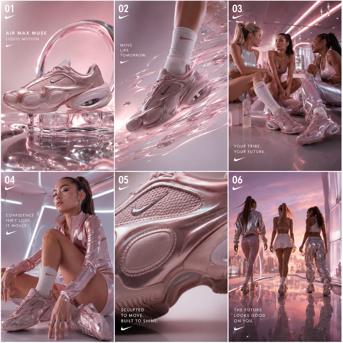 Six-panel pink Nike sneaker campaign with models and chrome reflections