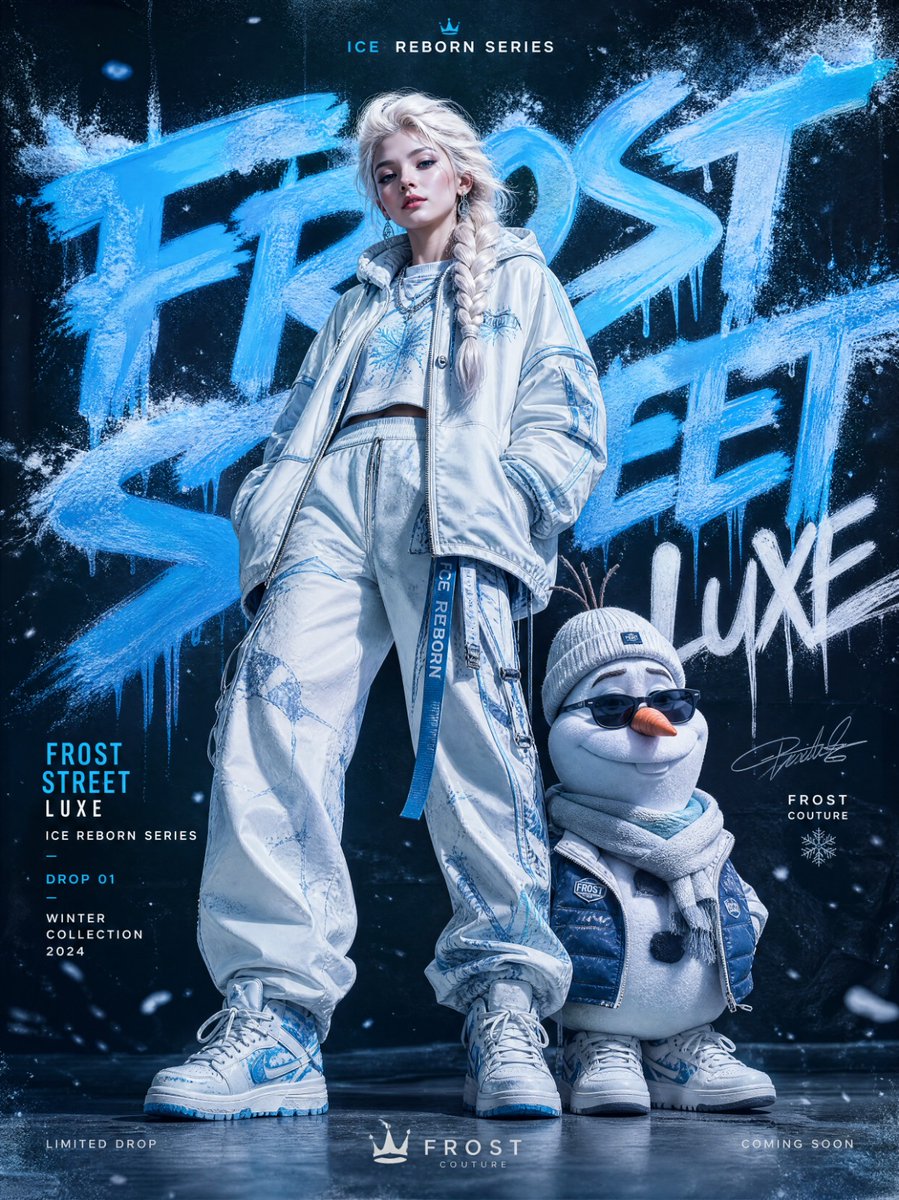 A platinum-haired woman in icy streetwear stands beside a snowman mascot in front of blue graffiti text.