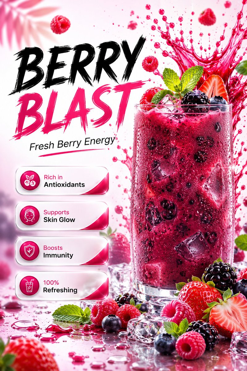 A tall glass of berry smoothie beside bold 'Berry Blast' text, fruit, and pink splash effects.