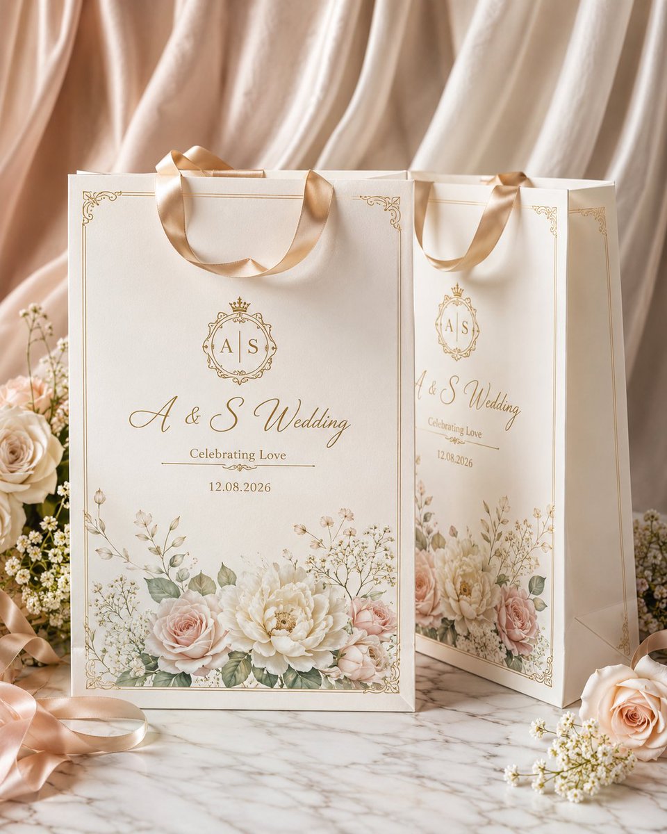 Two ivory wedding gift bags with gold monograms, floral prints, and satin handles