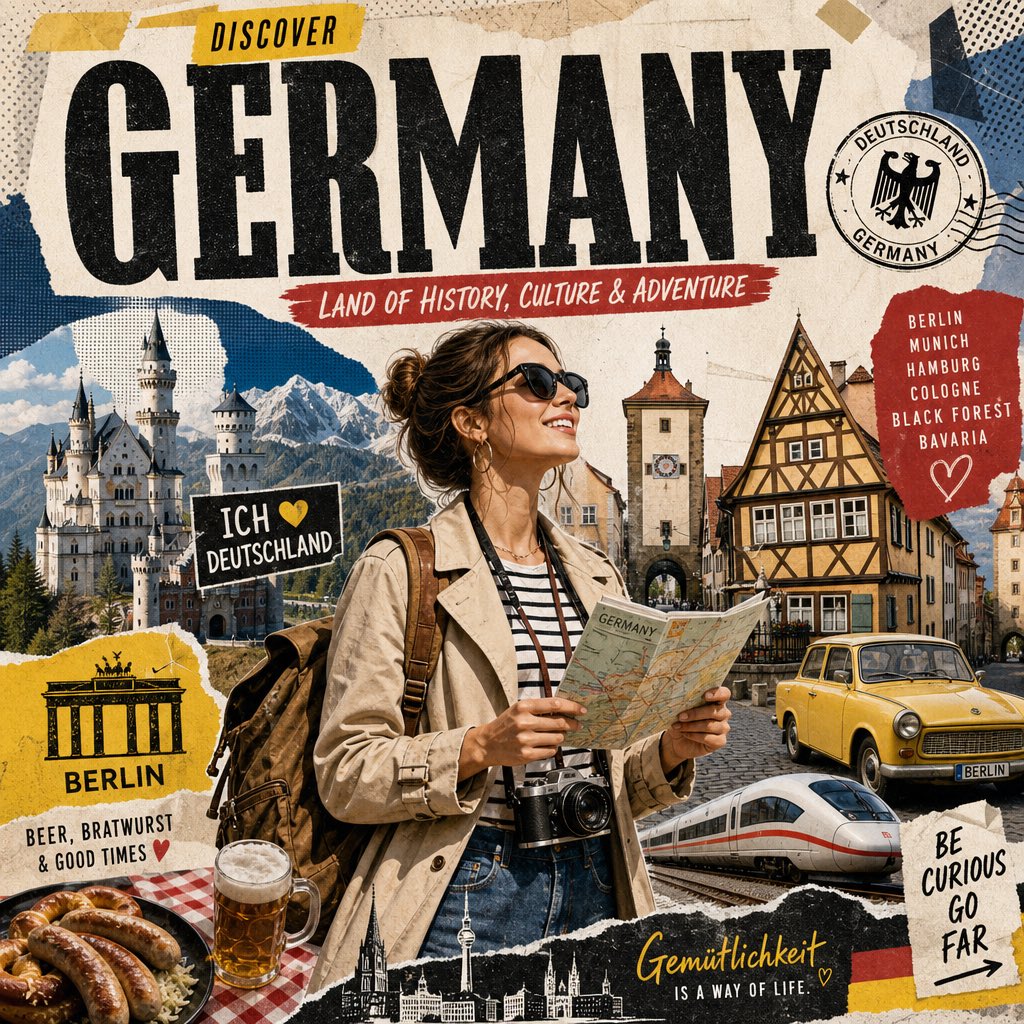 A smiling tourist holding a map in front of a collage of German landmarks and travel graphics
