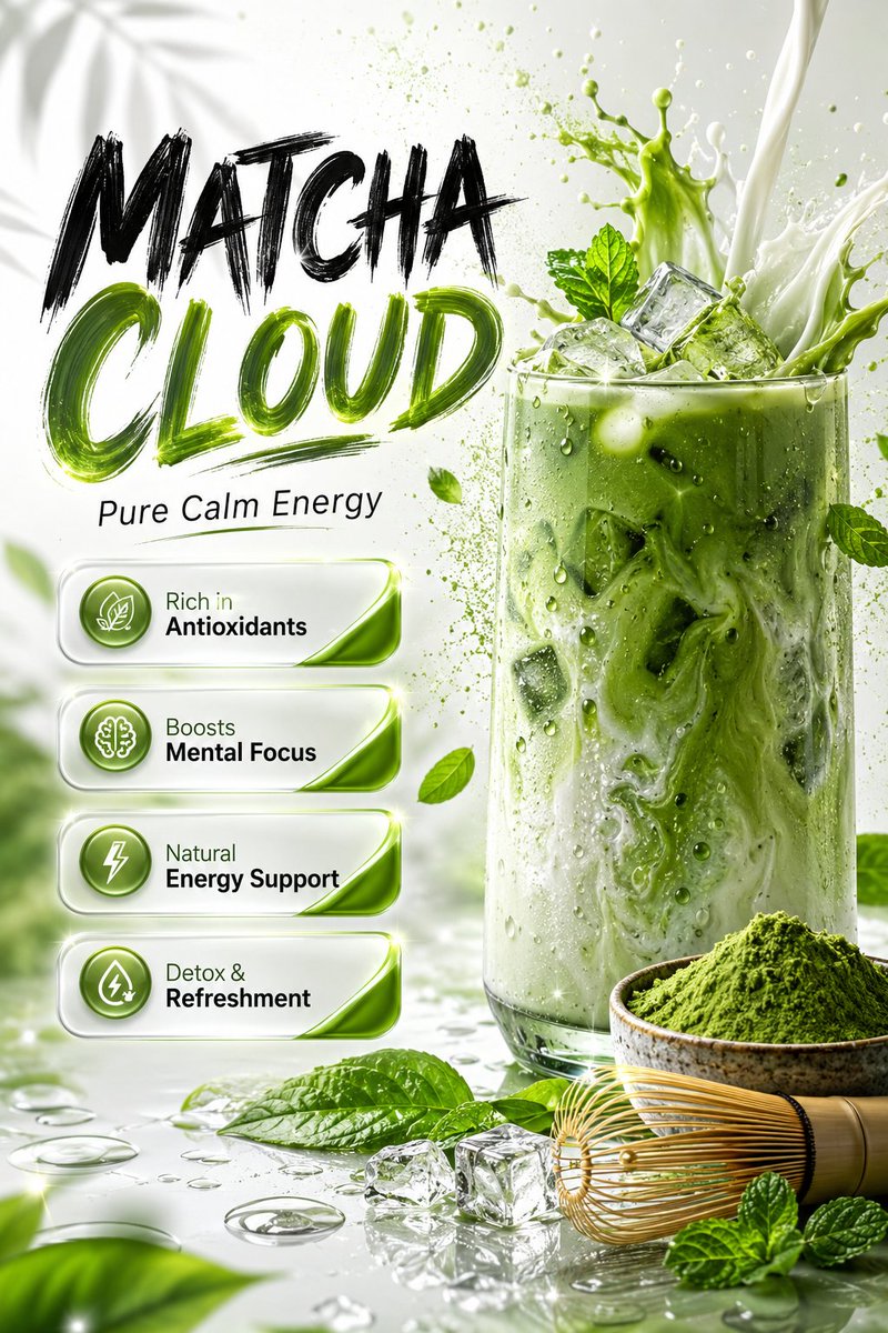 A tall iced matcha latte with splash effects beside bold matcha cloud text