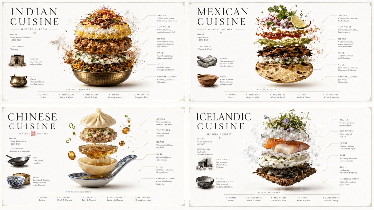 Four-panel poster showing Indian, Mexican, Chinese, and Icelandic cuisine as layered food sculptures with labels.