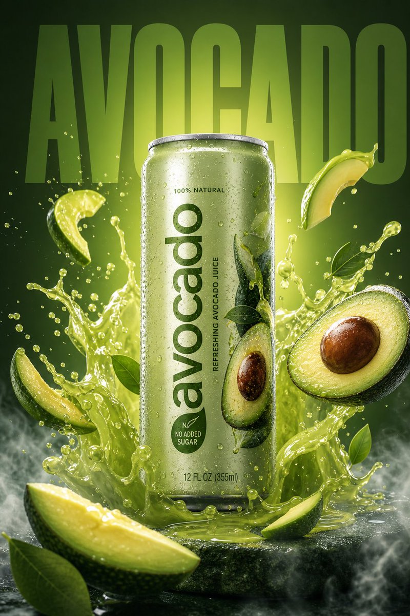 Green beverage poster with a centered avocado juice can, splashing liquid, floating avocado halves, and misty lighting.