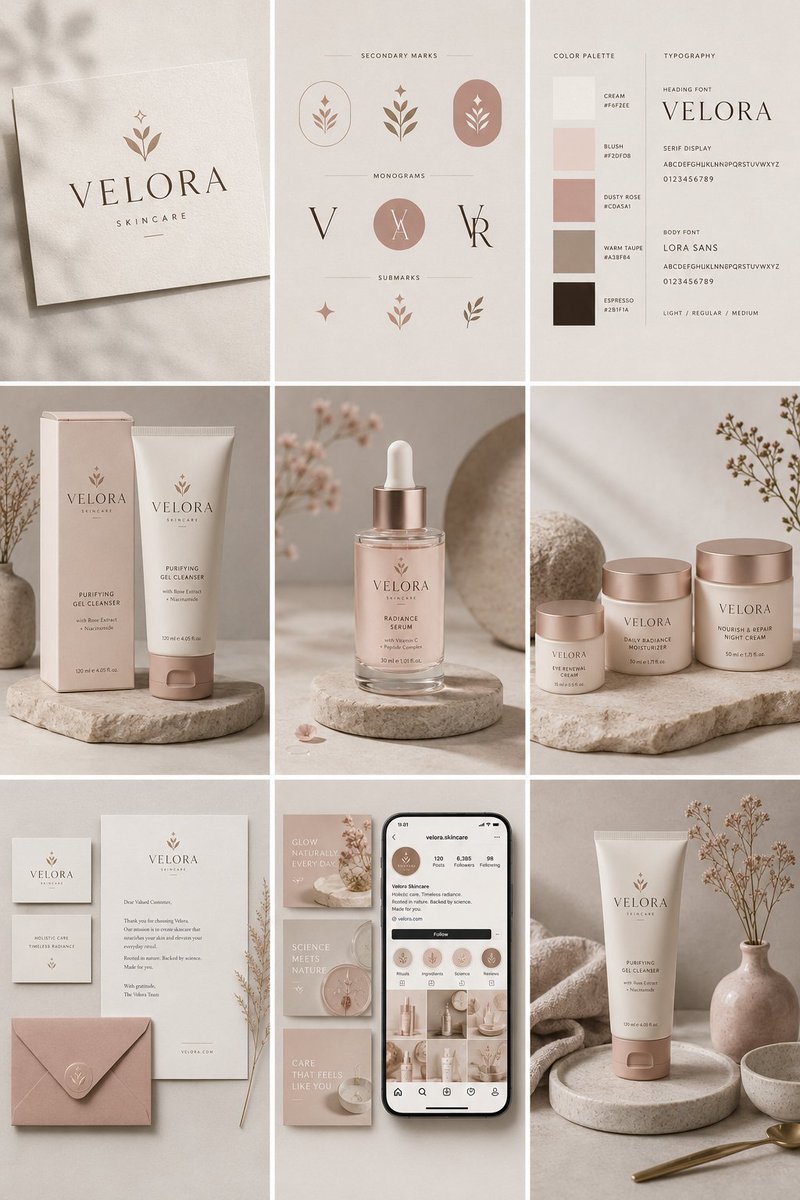 Nine-tile skincare brand board showing logos, color palette, packaging, stationery, phone mockup, and product scenes.