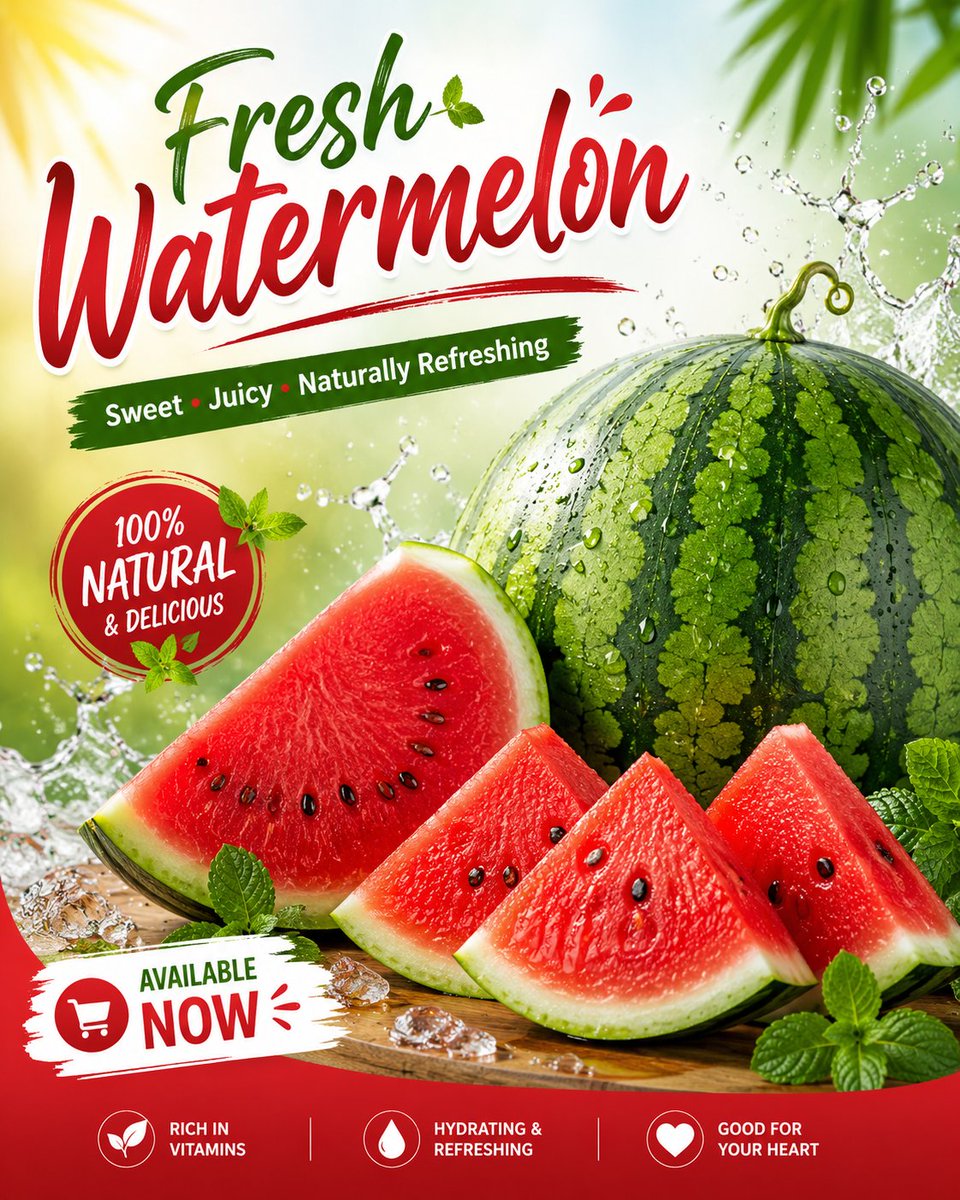 A colorful watermelon advertisement poster with sliced fruit, water splashes, and bold promotional text.