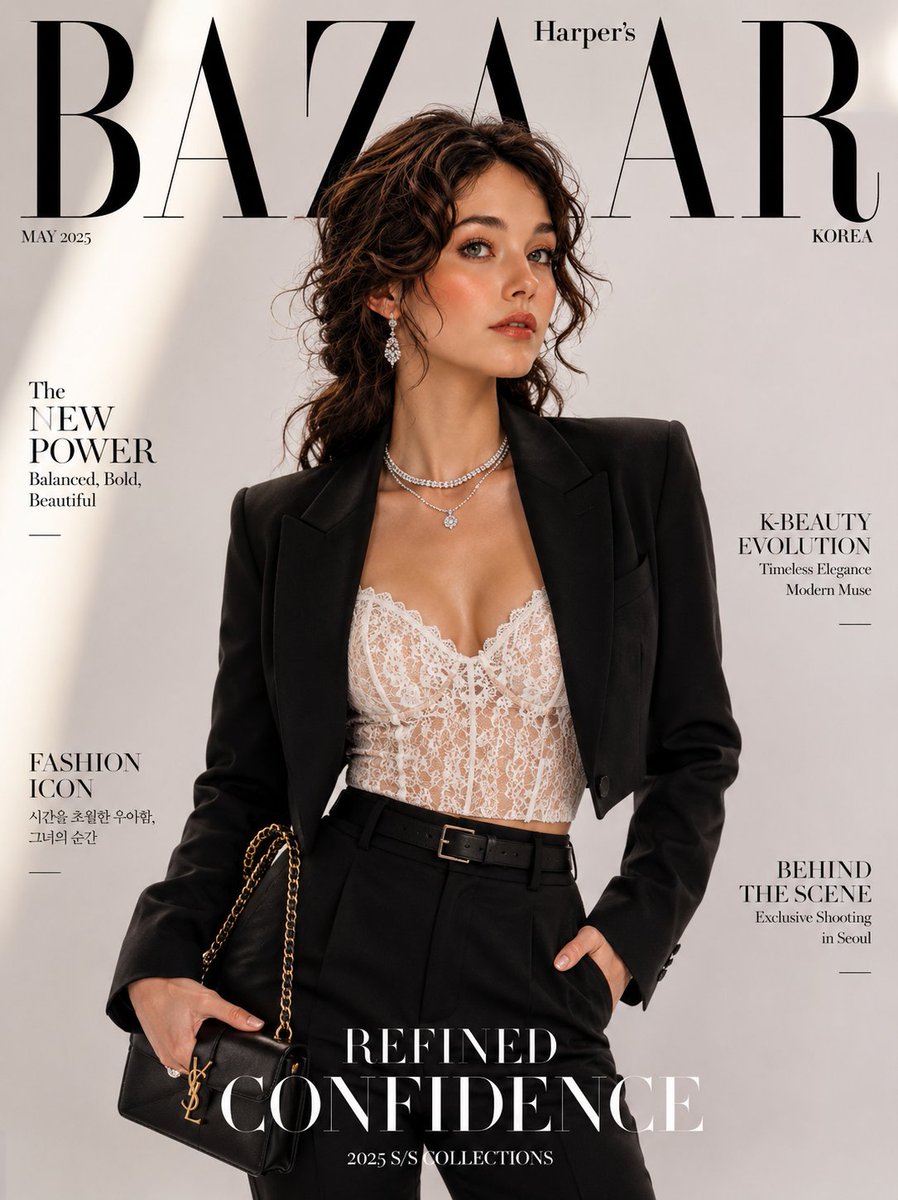 Magazine cover portrait of a woman in a black blazer and white lace top with large BAZAAR masthead.