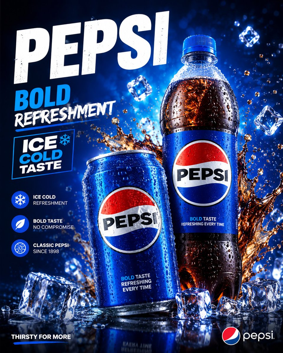 Pepsi advertisement poster with a chilled can, bottle, ice cubes, and bright blue splash effects.
