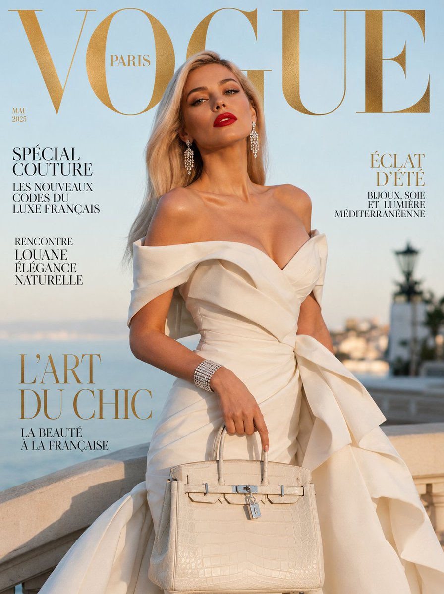 Magazine-style cover featuring a blonde model in an ivory couture gown with gold serif masthead text.
