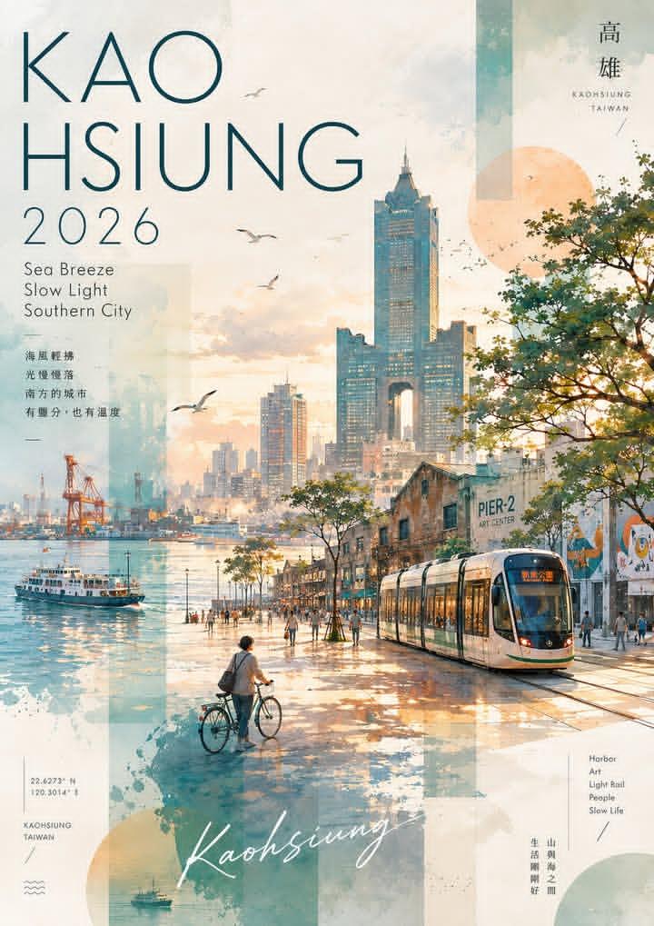 Vertical travel poster of Kaohsiung waterfront with a tram, skyline, and sunset harbor.