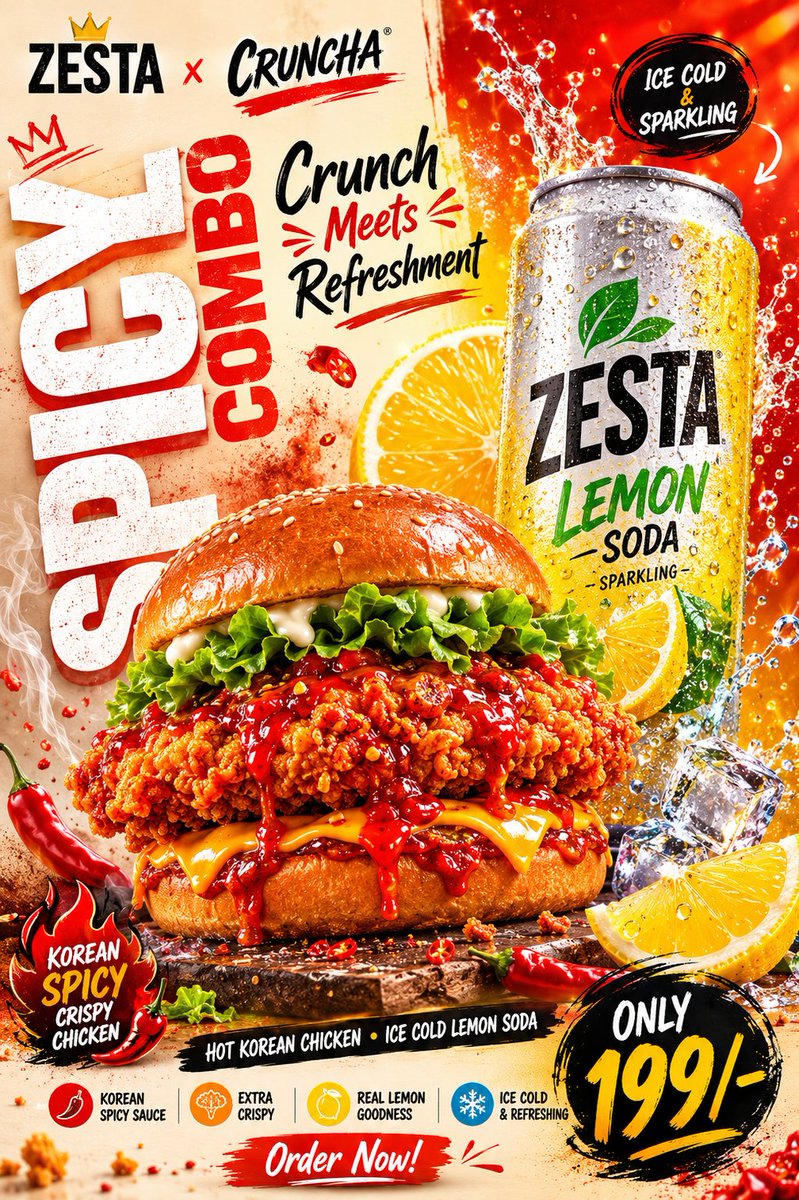 Bright fast-food poster with a spicy chicken burger, lemon soda can, and bold sale text.