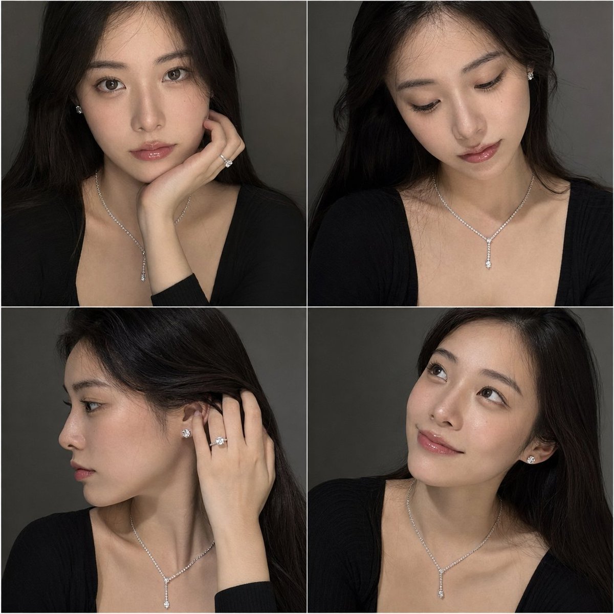 A four-panel studio portrait grid of a woman wearing a black top and diamond jewelry.