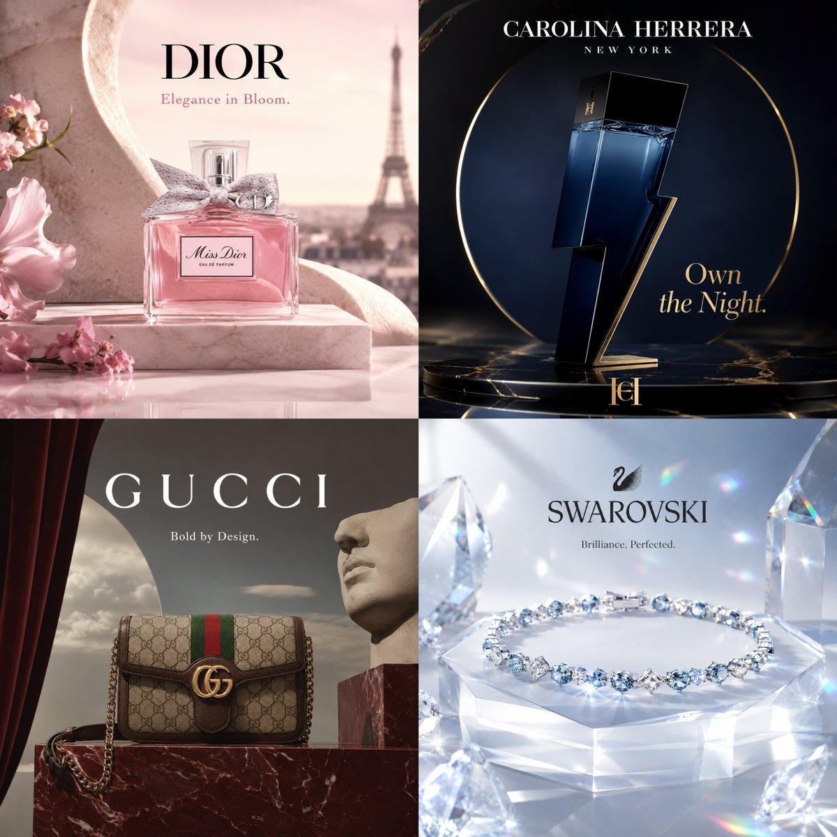A collage of luxury product ads with perfume, fashion accessories, and jewelry on glossy backgrounds.