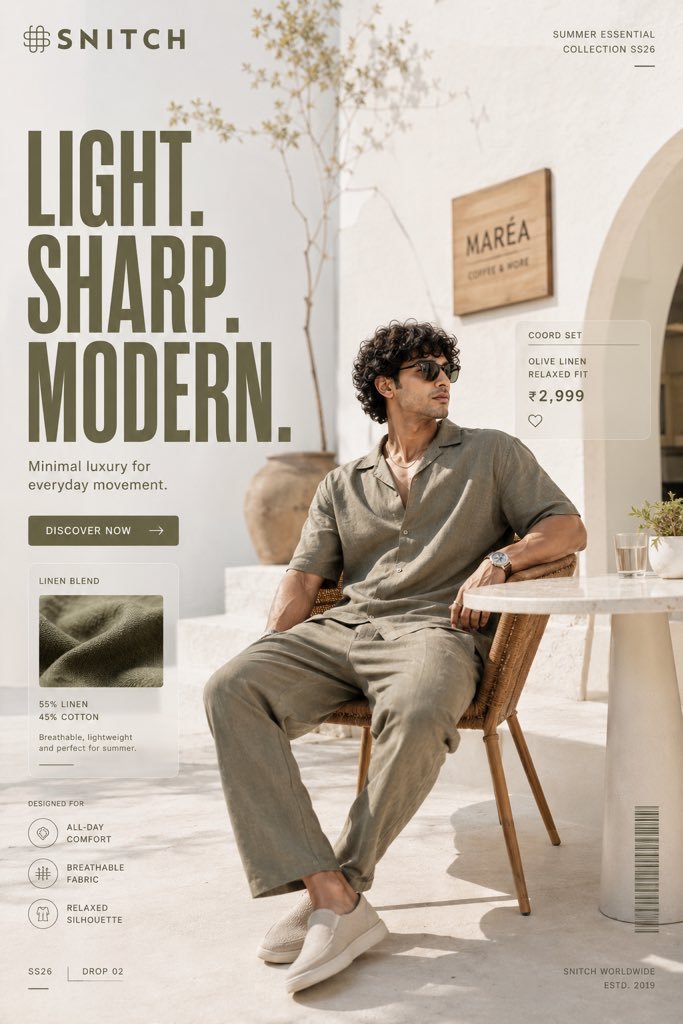 A fashion poster showing a man in an olive coord set with large headline text and product callouts.