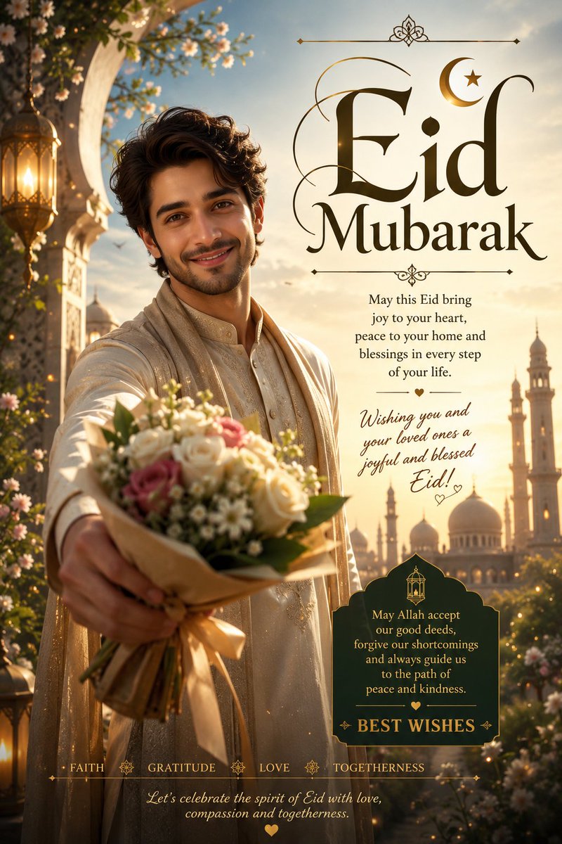 Smiling man in traditional clothing holding a bouquet beside Eid Mubarak greeting text