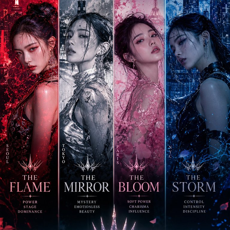 Four-panel K-pop concept poster showing four styled women in red, silver, pink, and blue.