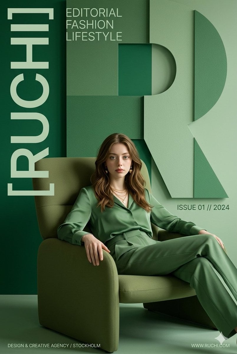 A woman in a green outfit seated in a modern chair beside large green typography.