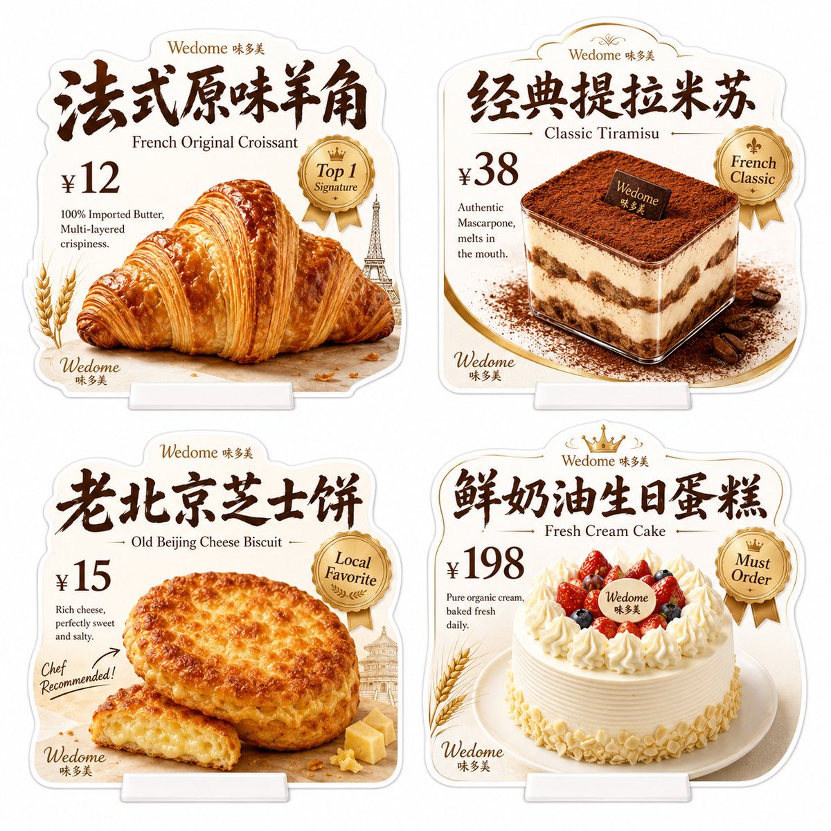 Four bakery display cards featuring croissant, tiramisu, cheese biscuit, and birthday cake.