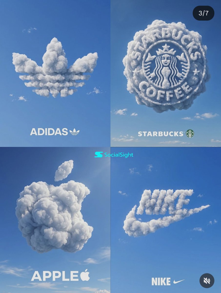 A four-panel grid showing cloud versions of Adidas, Starbucks, Apple, and Nike logos in a blue sky.