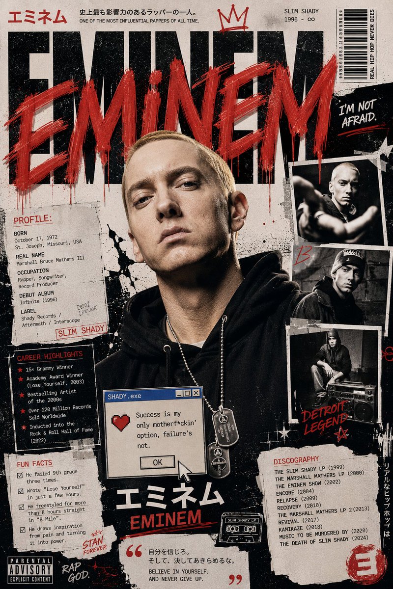 Street-art editorial poster of Eminem with giant black and red lettering, profile panels, and photo cutouts.