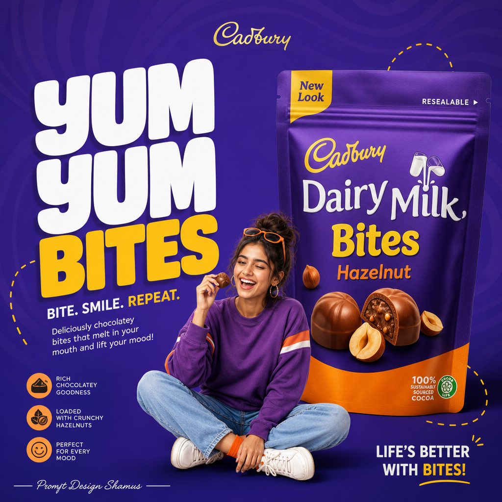 Purple candy advertisement with a seated woman, oversized headline, and large snack package