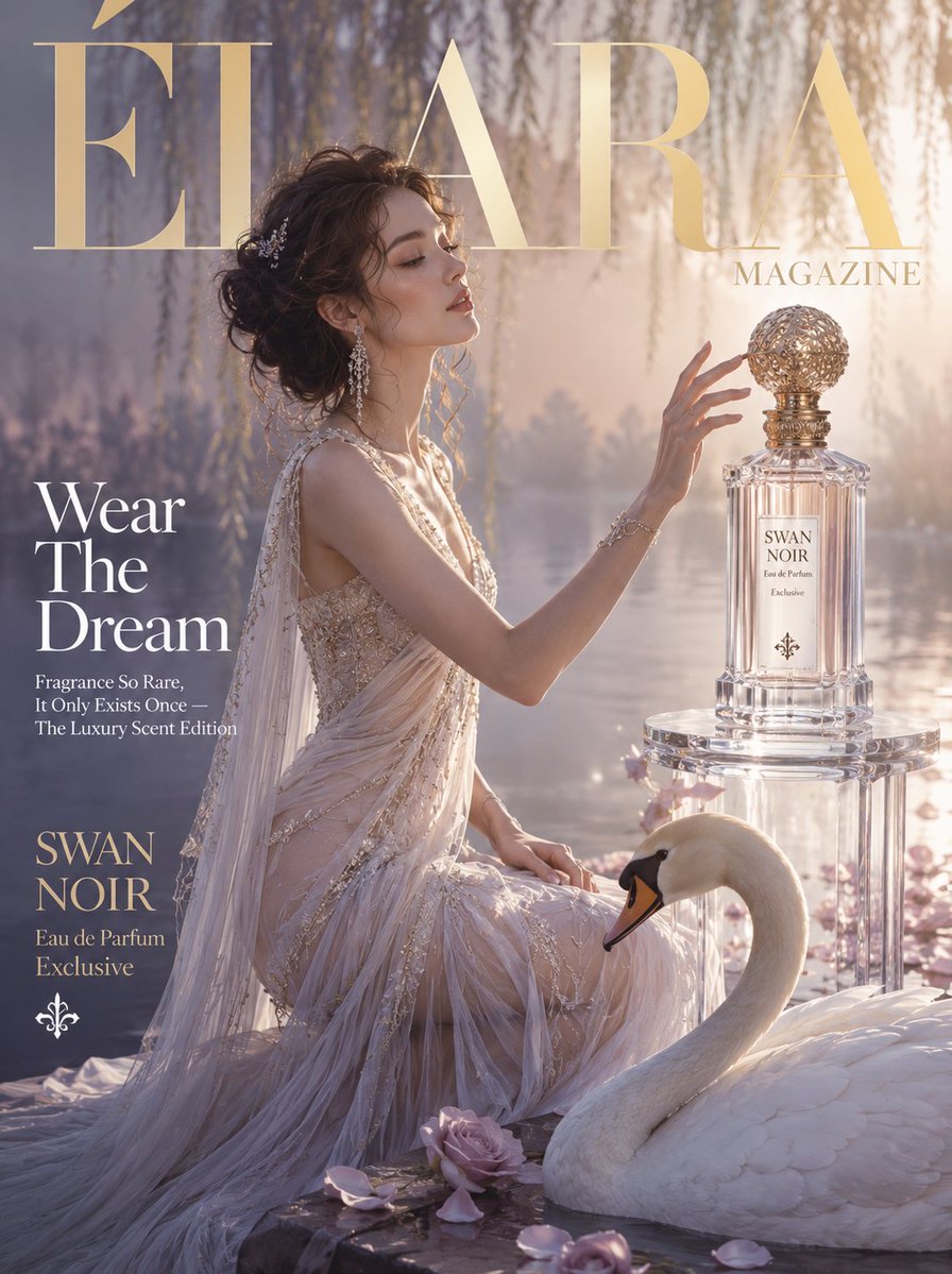 Luxury magazine cover with a woman beside a crystal perfume bottle and white swan by a misty lake.