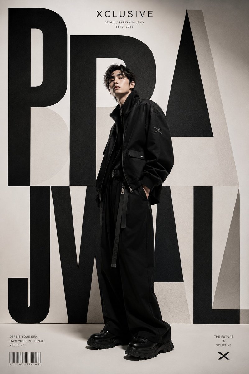 Full-body model in black streetwear posed in front of huge typography.