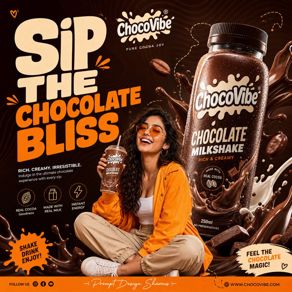 A chocolate milkshake poster with a product bottle, splash effects, and a smiling woman holding a drink.