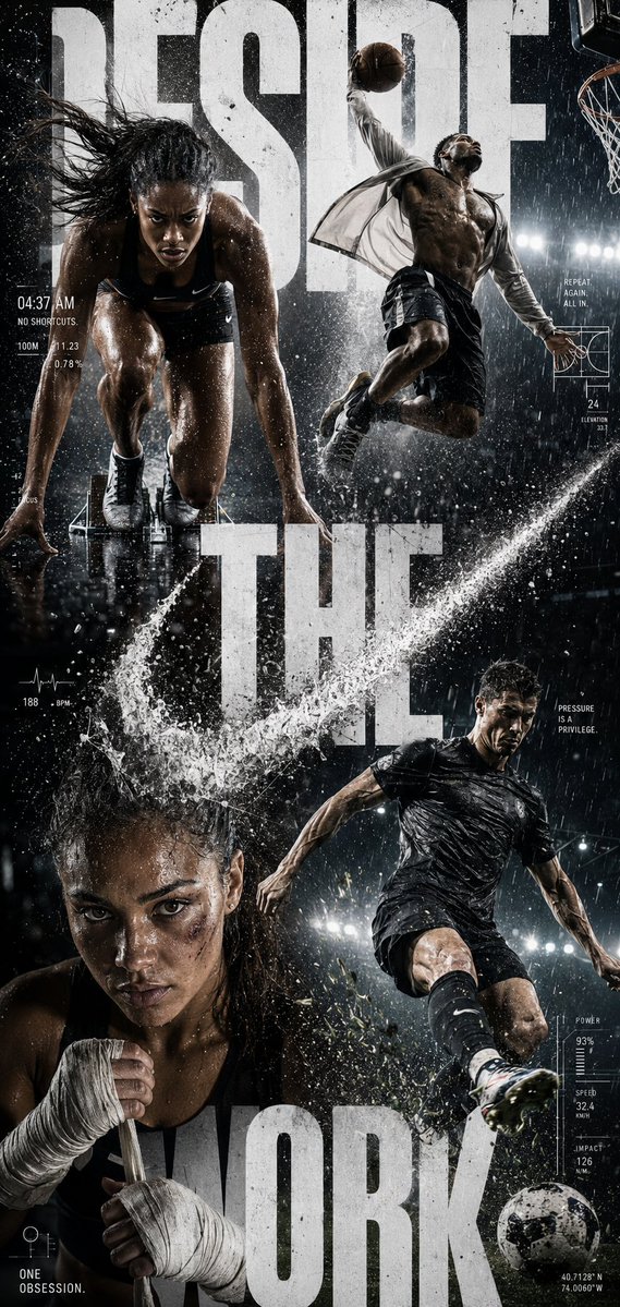 Four-athlete sports poster with huge typography, rain, and a swoosh-shaped spray effect.