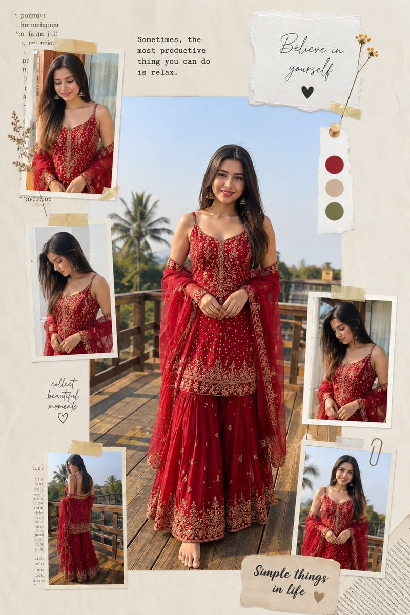 A vertical collage poster features a woman in a red embroidered outfit surrounded by taped photos and notes.