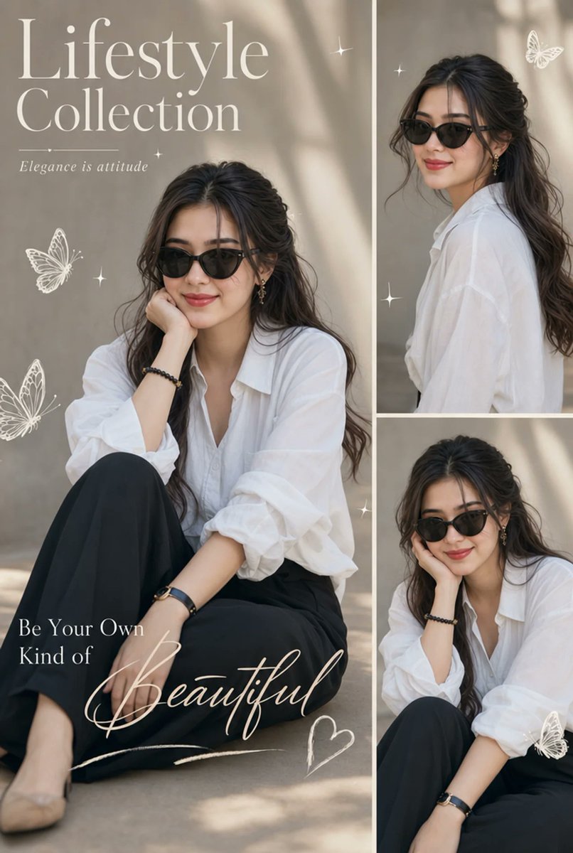 A fashion collage poster shows a woman in sunglasses seated in white shirt and black trousers with magazine text and butterfly doodles.