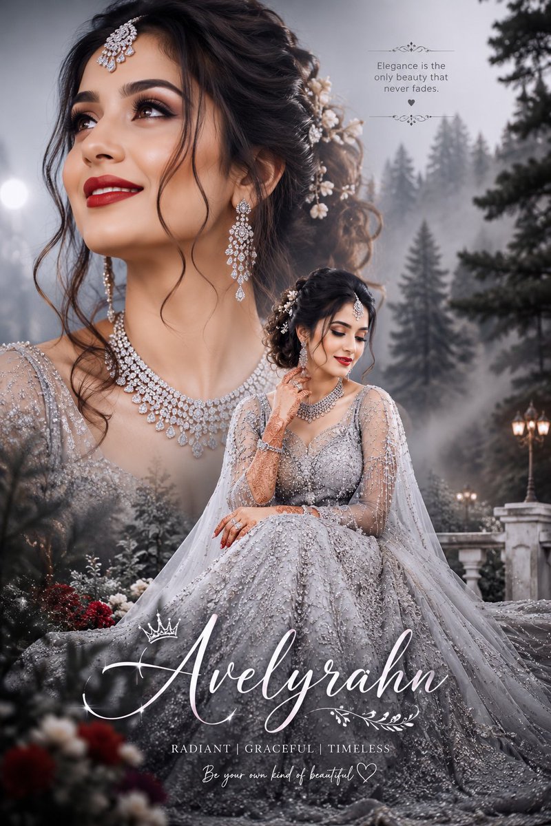 A bride in a silver lehenga shown in a layered collage with a misty forest background.
