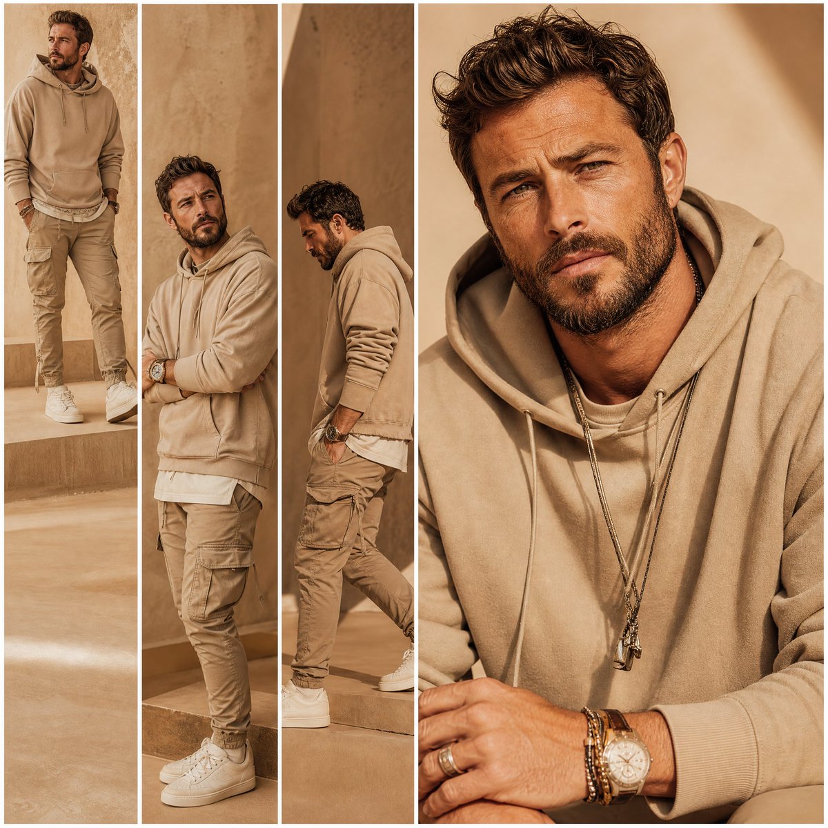 Four-panel menswear collage with beige hoodie, cargo pants, sneakers, and a large close-up portrait.