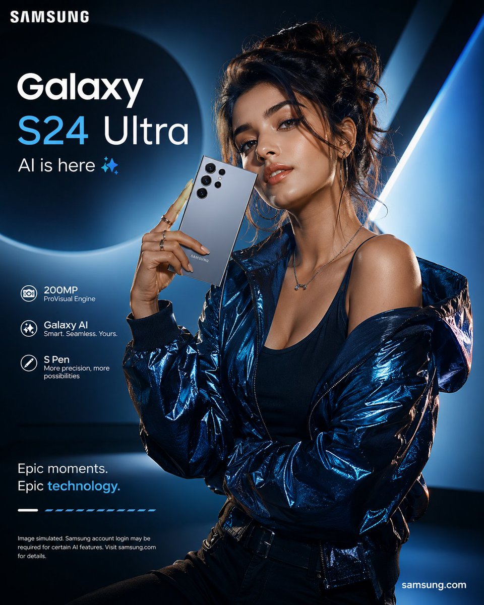 Fashion-forward smartphone ad featuring a woman holding a silver phone against a blue futuristic studio background.