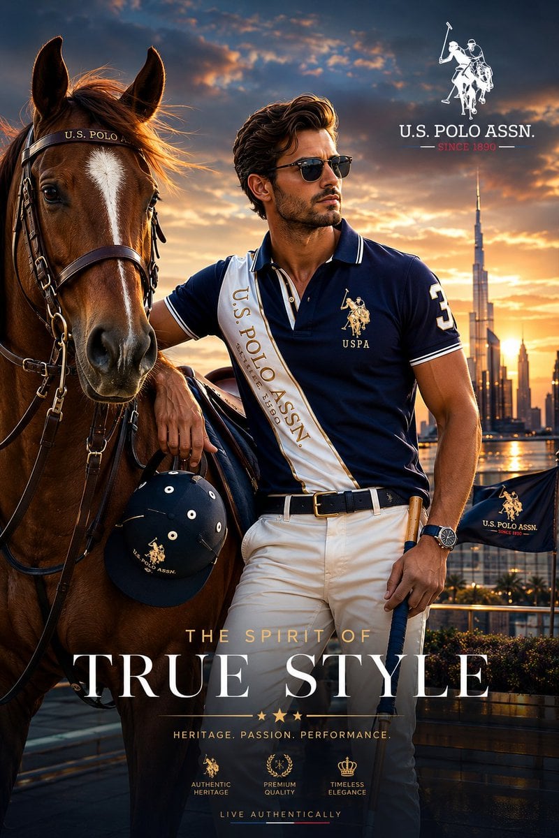 Male fashion model in navy polo beside a horse on a rooftop at sunset with city skyline.